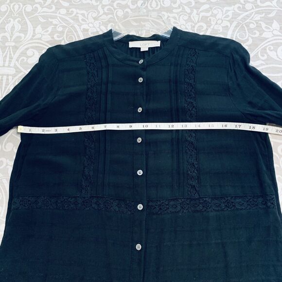 Loft Blouse Women Small Petite Black Mandarin Collar Lace Button Down Casual - Picture 5 of 9